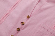 Men's Cuban Style Fashion Shirt with multi-button stand collar and pink solid pattern.