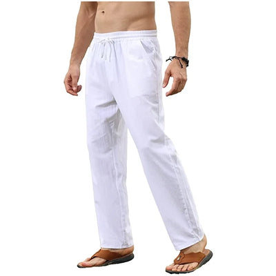 Men's cotton linen pants, casual loose fit, breathable, drawstring waist, white.
