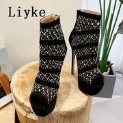 Women  Sexy Peep Toe Platform Boots Crystal Rhinestone Mesh Ankle Booties Extreme High Heels