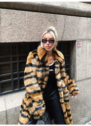 Winter Women's Luxury Long Tiger Fur Coat Elegant Thicken Warm