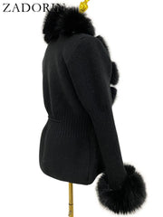 Women Luxury Knit Winter Elegant Detachable Fur Cardigan Korea Style Sweater