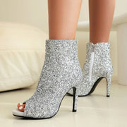 Women Thin High-Heeled Open Toe Zipper Golden Sequins Ankle Boots