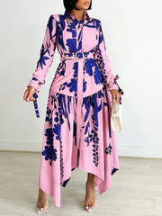 Elegant Long Sleeve Printed Shirt Dress for Women with Waist Belt Modest African Style