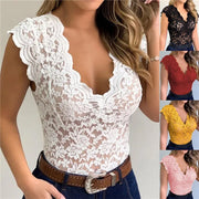 Lace sleeveless blouse with V-neck, hollow out design, and regular fit; crafted from cotton and polyester.