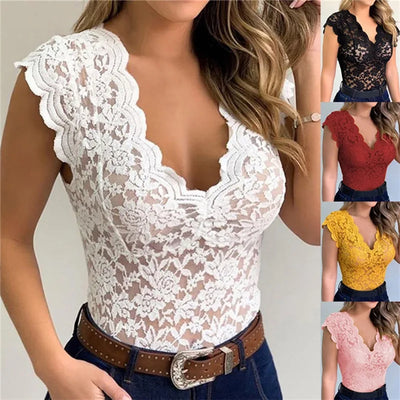 Lace sleeveless blouse with V-neck, hollow out design, and regular fit; crafted from cotton and polyester.