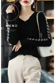 Women Pure Wool  V-Neck Stitching Long-Sleeved Autumn Winter Pullover Loose Knitted Cashmere Sweater