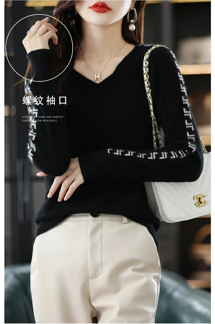 Women Pure Wool  V-Neck Stitching Long-Sleeved Autumn Winter Pullover Loose Knitted Cashmere Sweater