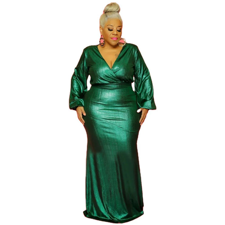 Plus size green formal dress with V-neck and puff sleeves, floor-length, medium stretch.