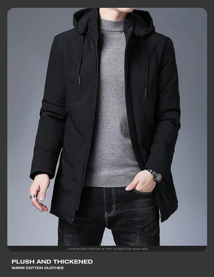 Men Long Parkas Coat Solid Slim Fit Warm Thicken Jacket. Outwear Windproof Coat Hooded Cotton-padded Zipper