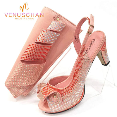 Venus Chan Newest INS Style Peach Color Rhinestone Elegant High Heels Nigeria Popular Design African Ladies Shoes