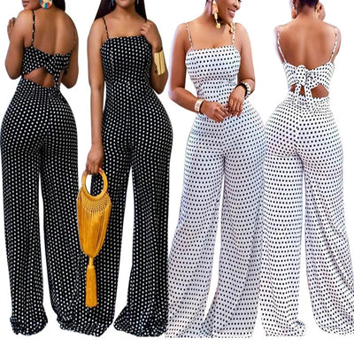 High street casual style jumpsuit with backless design, dot pattern, and wide-leg pants.