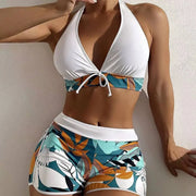 Women's Sporty Surfing Bikini Set Fashion Printed Lace-Up Swimsuit High-Waisted Beachwear Swimwear with Splice Details