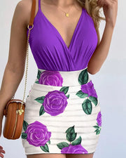 Women's slim fit two-piece set with purple floral print, featuring a sleeveless top and shorts, perfect for casual summer outings.