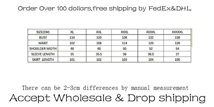 Size chart for plus-size women’s A-line shirt dress, displaying bust, waist, shoulder width, sleeve length, and skirt length in centimeters from XL to 5XL.