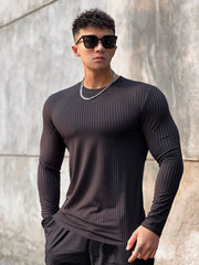 Men's Gym Fitness Long Sleeve T-shirt Quick Dry Casual O-Neck Bodybuilding Shirt for Running Sports Training Polyester Tees