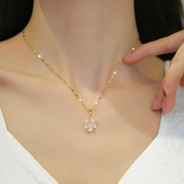 Stainless Steel Lovely White Crystal Flower Charm Necklace Earrings  Trendy Jewelry Set Gift