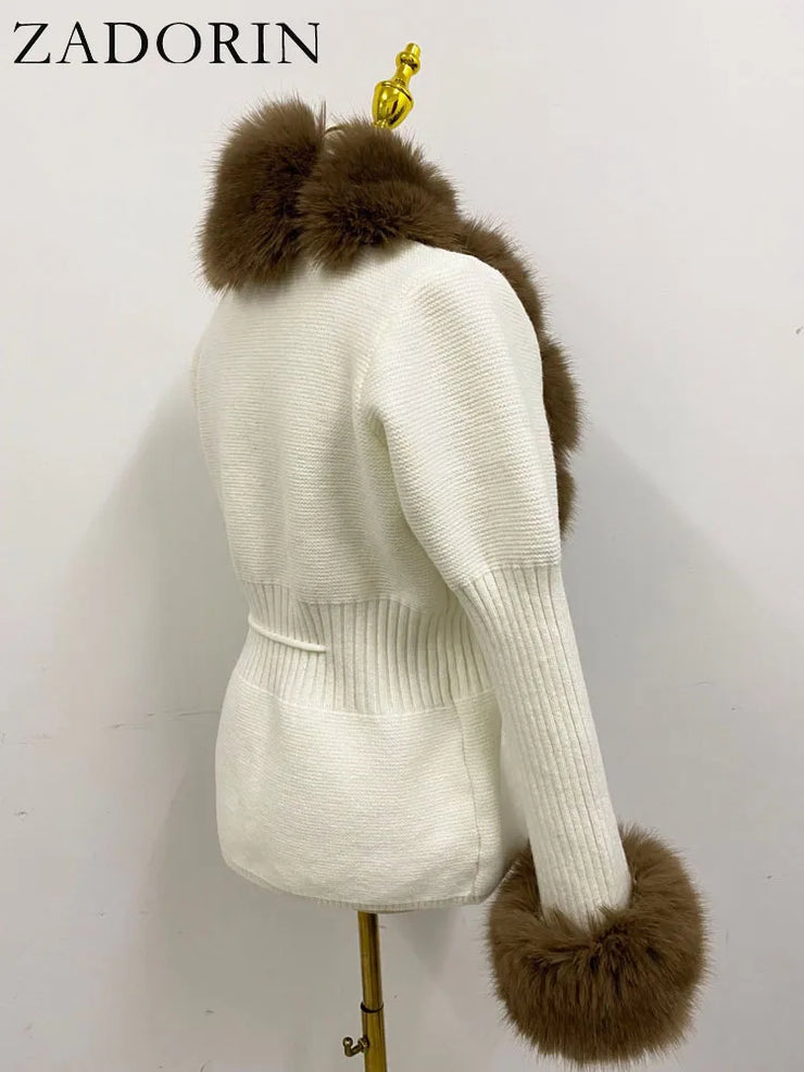 Women Luxury Knit Winter Elegant Detachable Fur Cardigan Korea Style Sweater