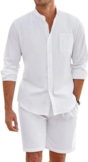 Men's cotton-linen two-piece set with a long sleeve button shirt and elastic waist shorts, perfect for beachwear.