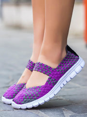 Women's Casual Elastic Band Weave Flats Non-Slip Comfort Loafers Slip-On Vulcanize Shoes Summer Season PU Upper