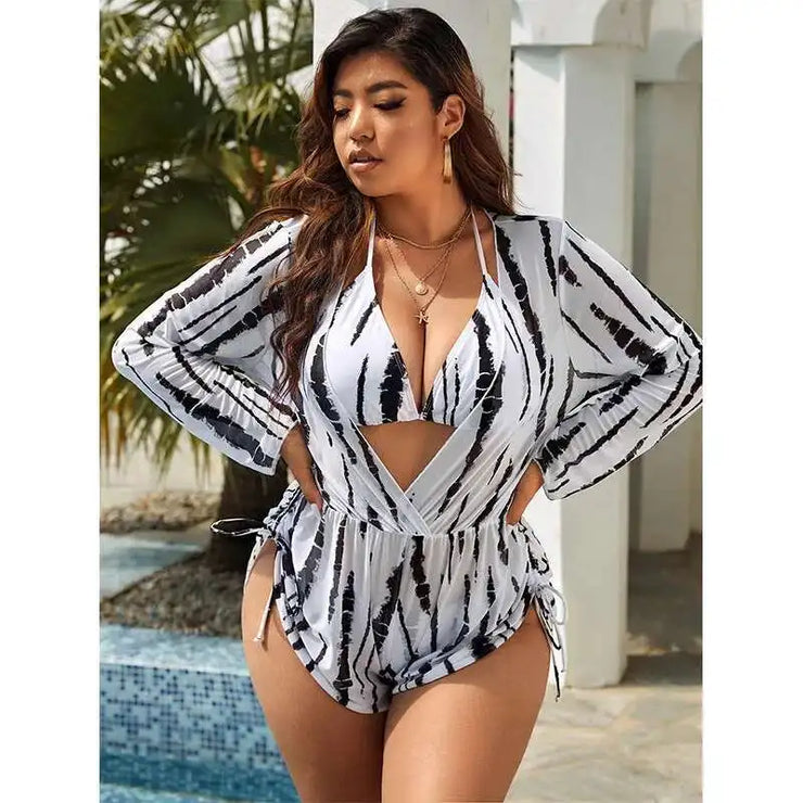 plus Size Striped Bikini Three Piece Set High-Waisted Sexy Swimsuit Polyester Knit