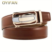 Men's genuine leather belt with alloy ratchet buckle, top-quality fashion accessory.