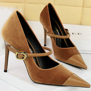 Korean Velvet High Heels Women's Pumps 10cm 7cm Thin Heel Pointed Toe Metal Buckle Shallow Montage Party Shoes