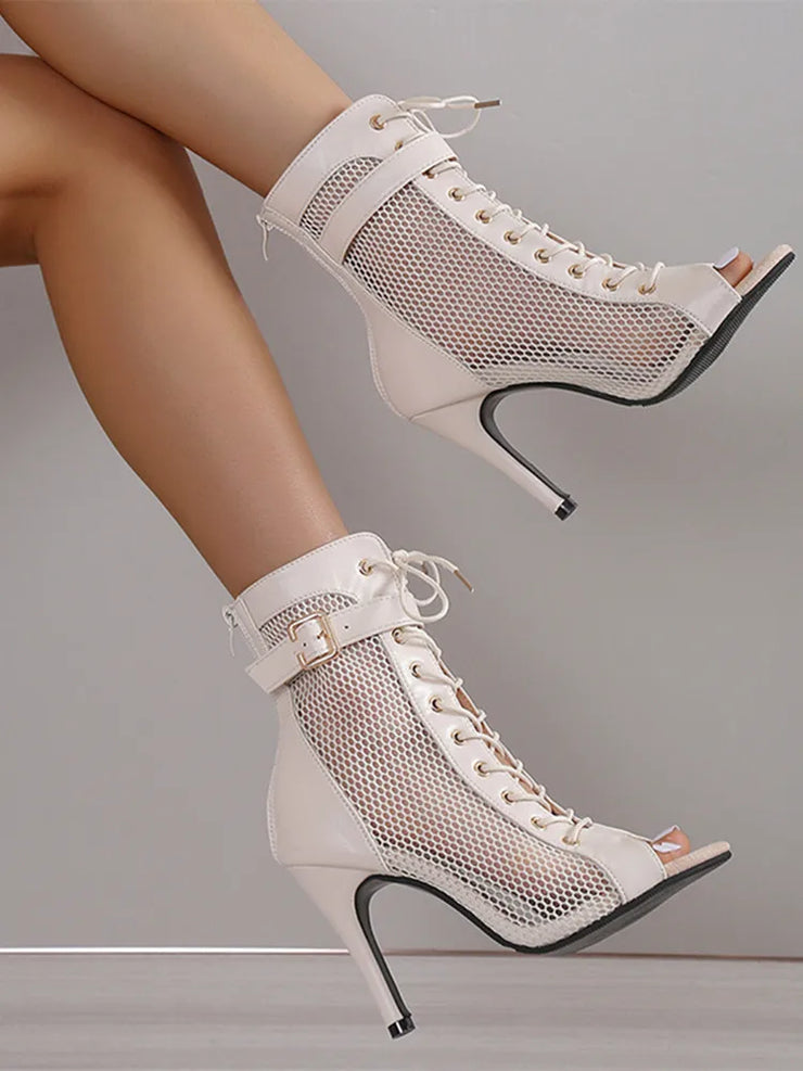 Women  Hollowed Mesh Heels Belt Buckle Lace-up Sexy Open Toe Stiletto J Shoes