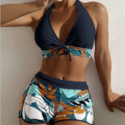 Women's Sporty Surfing Bikini Set Fashion Printed Lace-Up Swimsuit High-Waisted Beachwear Swimwear with Splice Details