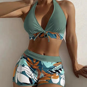 Women's Sporty Surfing Bikini Set Fashion Printed Lace-Up Swimsuit High-Waisted Beachwear Swimwear with Splice Details