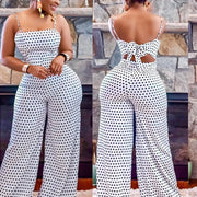 High street casual style jumpsuit with backless design and dot pattern wide leg pants.