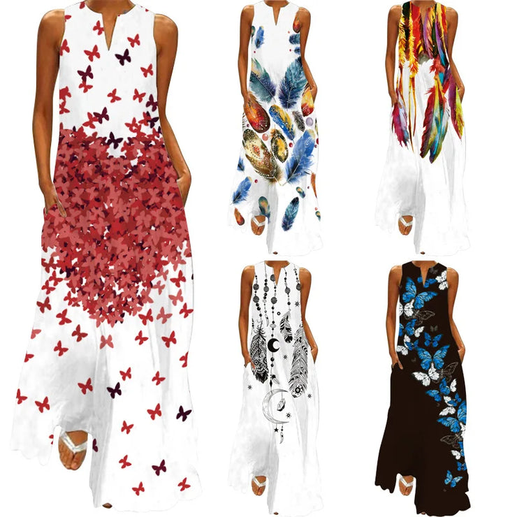 Women Casual Loose 3D Wind Chime Printed White Long Dress