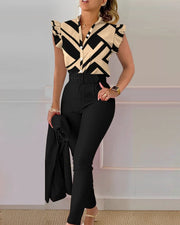Women's printed two-piece suit set with V-neck, short sleeves, long pants, and belt.