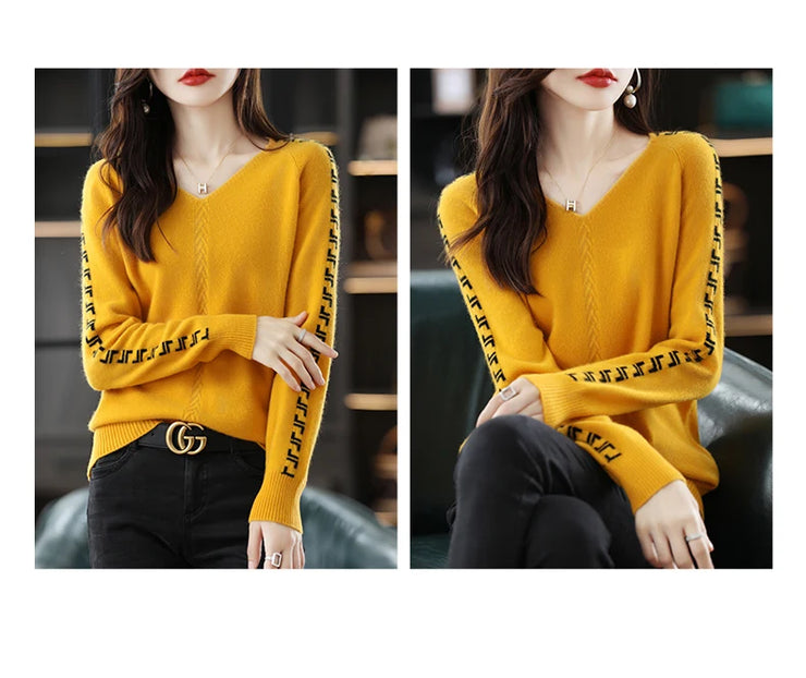 Women Pure Wool  V-Neck Stitching Long-Sleeved Autumn Winter Pullover Loose Knitted Cashmere Sweater