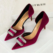 Elegant Velvet Pumps for Women with Crystal Buckle Side Hollow Design Thin Heel Pointed Toe High Heels 7cm Fashion Party Shoes