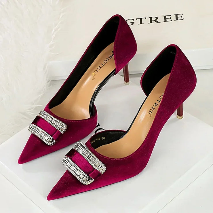 Elegant Velvet Pumps for Women with Crystal Buckle Side Hollow Design Thin Heel Pointed Toe High Heels 7cm Fashion Party Shoes