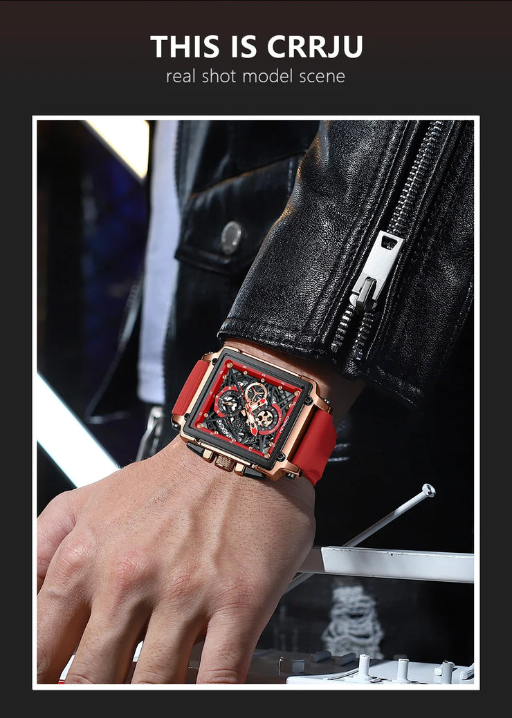 CRRJU Fashion Sports Watch Large Dial Unique Rectangular Hollow Design Quartz Wristwatch with Chronograph Auto Date Silicone Band