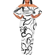 Plus size off-shoulder maxi dress with black and white sketch art print, casual style for summer.