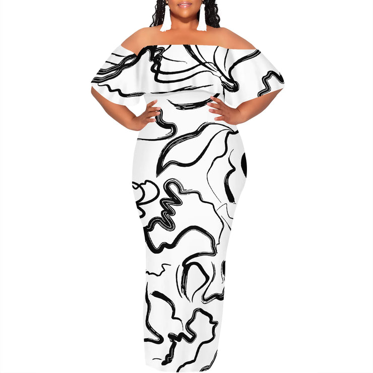 Plus size off-shoulder maxi dress with black and white sketch art print, casual style for summer.