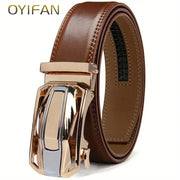 Men's genuine leather belt with alloy ratchet buckle, casual fashion style.