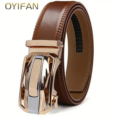 Men's genuine leather belt with alloy ratchet buckle, casual fashion style.