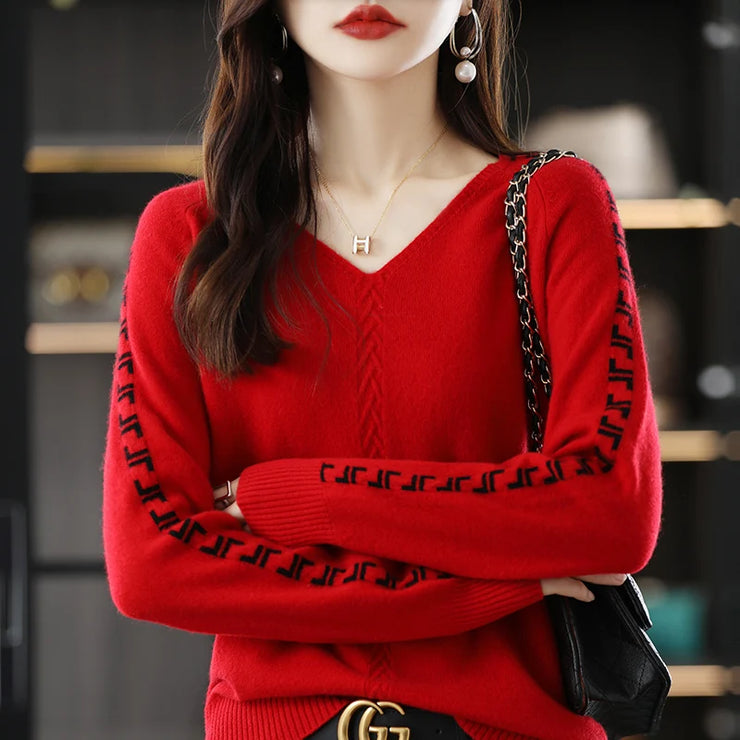 Women Pure Wool  V-Neck Stitching Long-Sleeved Autumn Winter Pullover Loose Knitted Cashmere Sweater