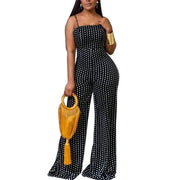 High street casual style jumpsuit with backless design and dot pattern wide leg pants.
