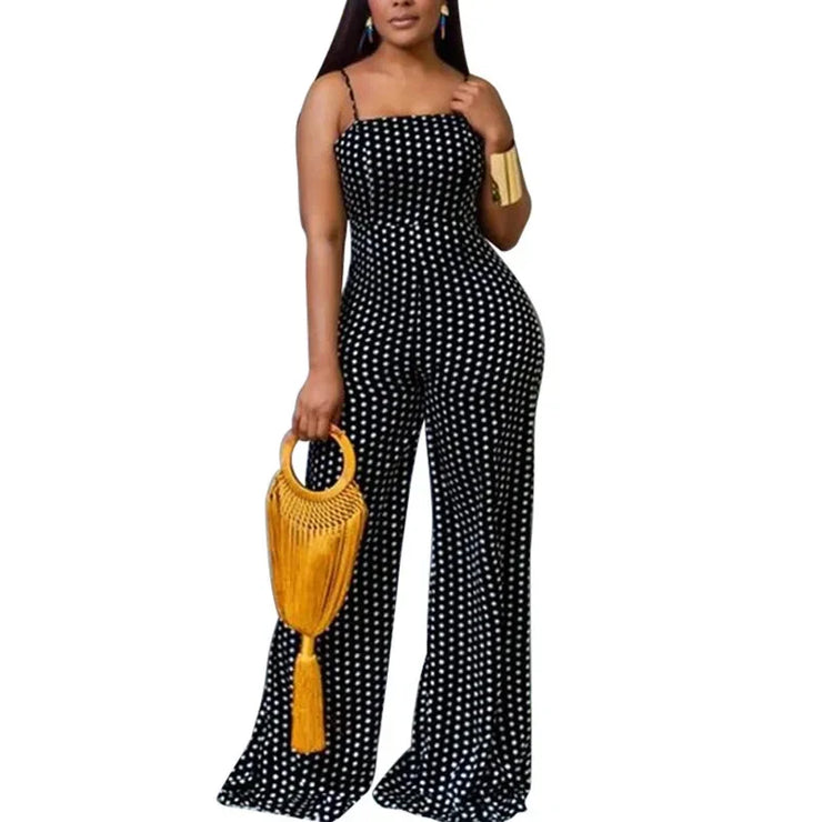 High street casual style jumpsuit with backless design and dot pattern wide leg pants.