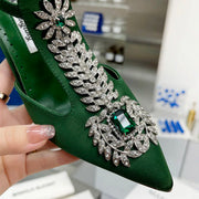 Ladies Rhinestone Pointed Toe Stiletto High Heels Satin Gemstone Ankle-Wrap Buckle Strap  Fairy Pump