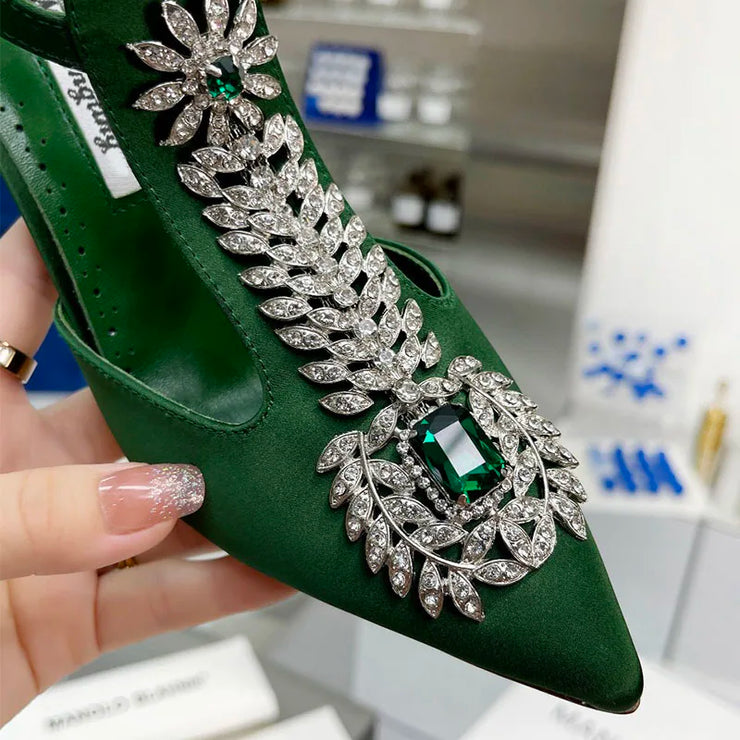 Ladies Rhinestone Pointed Toe Stiletto High Heels Satin Gemstone Ankle-Wrap Buckle Strap  Fairy Pump