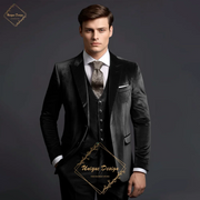 Classic Elegance Men's Grey Velvet 3-Piece Custom Suit Timeless Style for Every Occasion.Size EU48