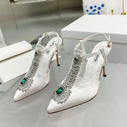 Ladies Rhinestone Pointed Toe Stiletto High Heels Satin Gemstone Ankle-Wrap Buckle Strap  Fairy Pump