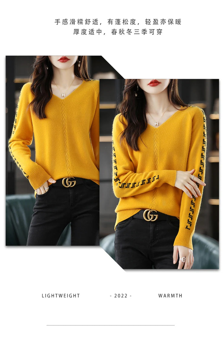 Women Pure Wool  V-Neck Stitching Long-Sleeved Autumn Winter Pullover Loose Knitted Cashmere Sweater