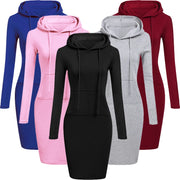 Women's Hooded Dress Casual Polyester Sweatshirt Kneelength Hoodie with Pockets Regular Fit Autumn Wear for Ladies