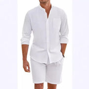 Men's cotton-linen two-piece set with long sleeve button shirt and elastic waist shorts, ideal for casual beachwear.